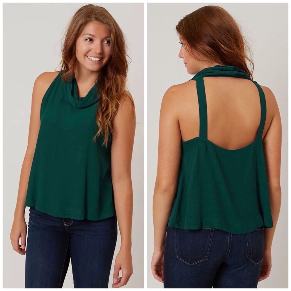 Free People City Lights Open Back Cowl Neck Lightweight Green Tank Top Medium